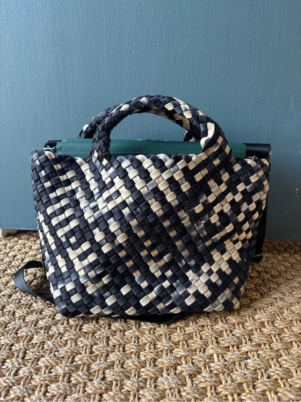 Naghedi St. Barths Black and Cream Woven Handheld Tote